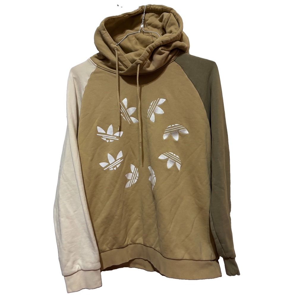 adidas Beige/Green/White Colorblock Trefoil embroideredLogo Fleece Hoodie Men' L